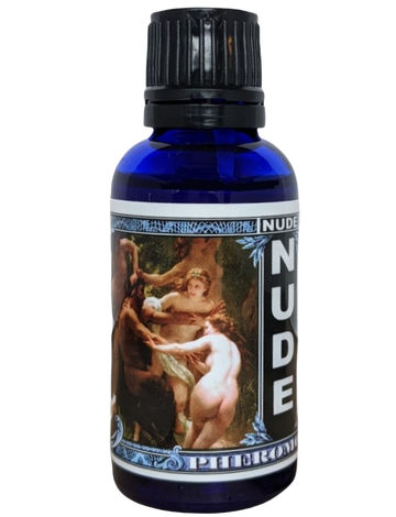 Product bottle with a black lid and a monochrome label that reads 'Nude Pheromone' with a stylized graphic of a muscular man, designed to attract men.