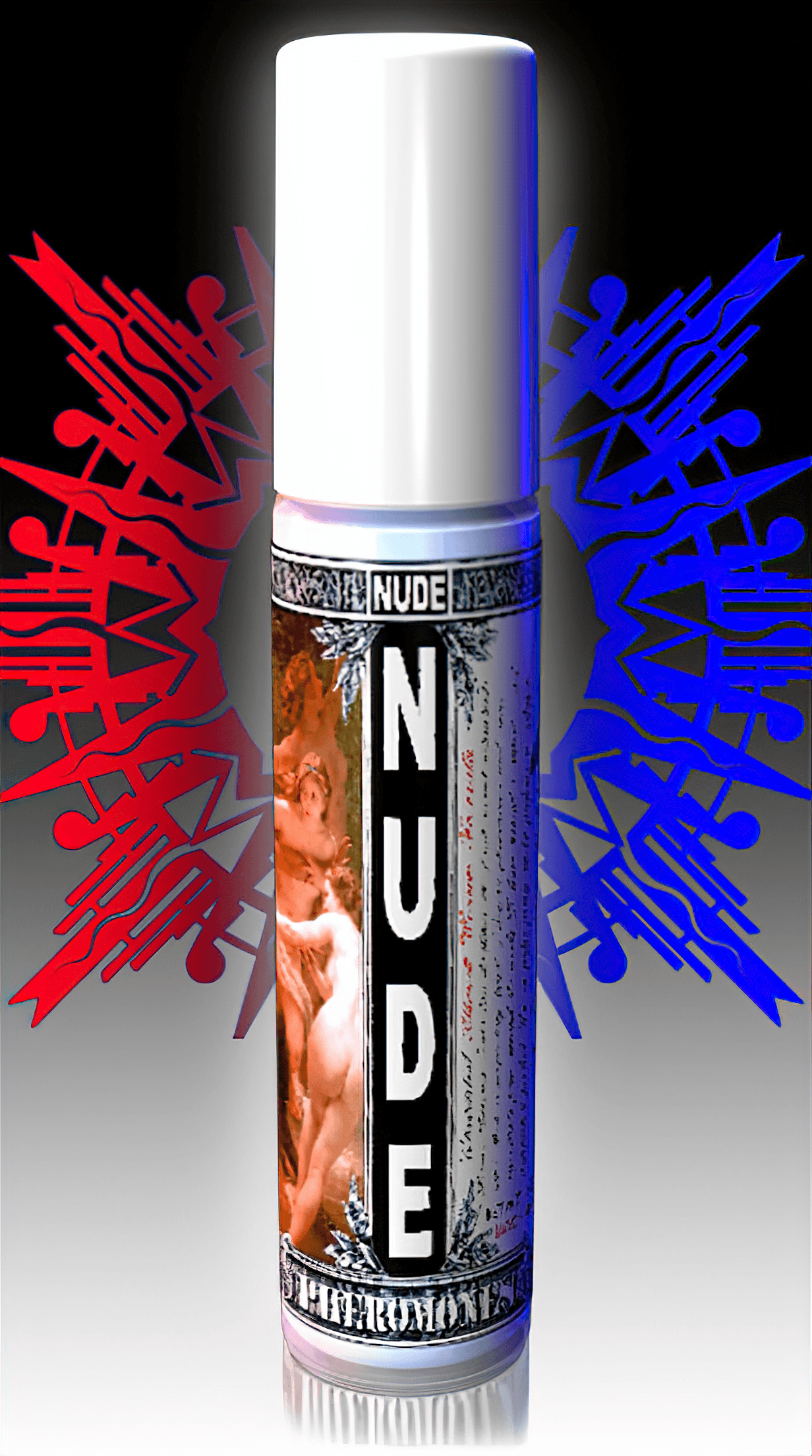 NUDE™ for Men to Attract Women Pheromone Cologne Bottle by Royal Pheromones in white bottle with blue and red design in background.