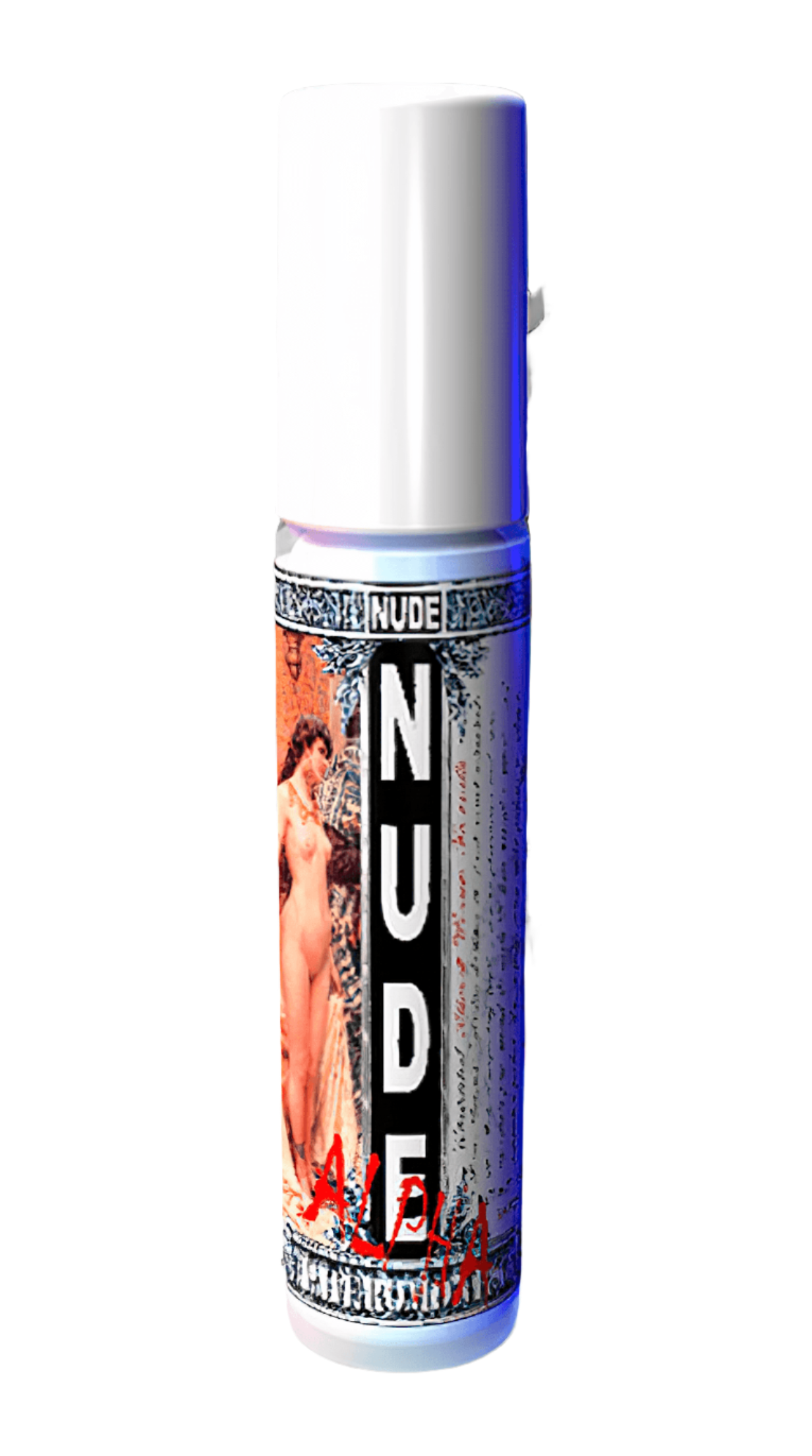 White-capped 'NUDE' cologne bottle with highlighted by a purple glow at the top.