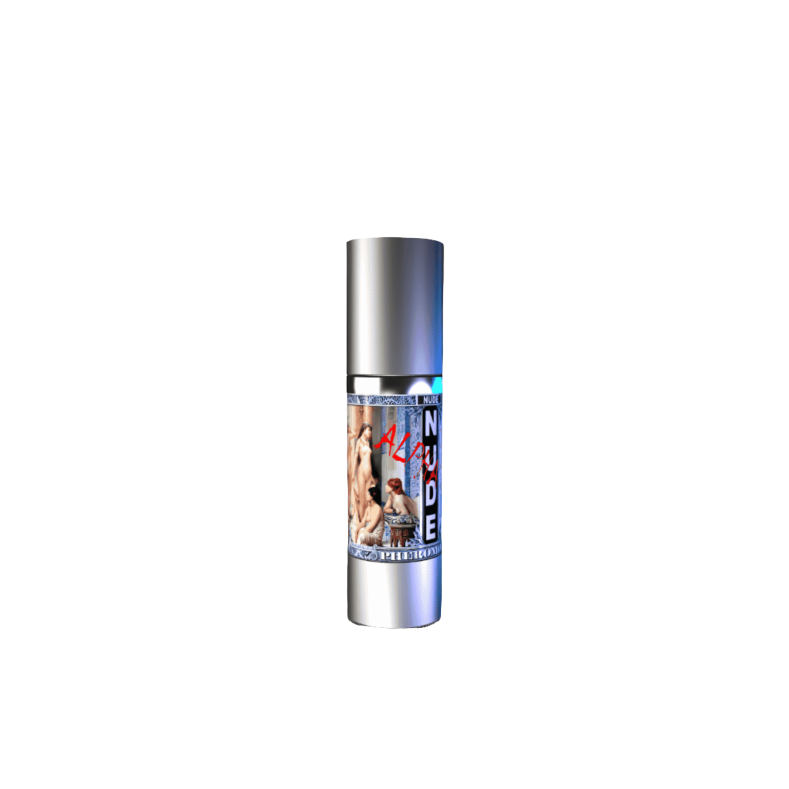 'Nude Pheromone' gel in a sleek, metallic spray container with a label designed with bold graphics of women with blue and purple glow on the top