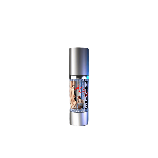 'Nude Pheromone' gel in a sleek, metallic spray container with a label designed with bold graphics of women with blue and purple glow on the top