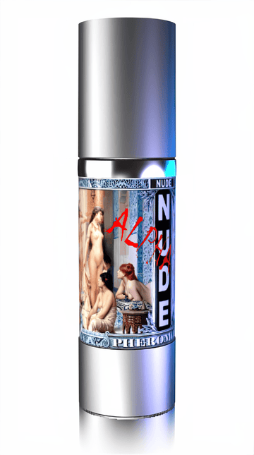 'Nude Pheromone' gel in a sleek, metallic spray container with a label designed with bold graphics of women.