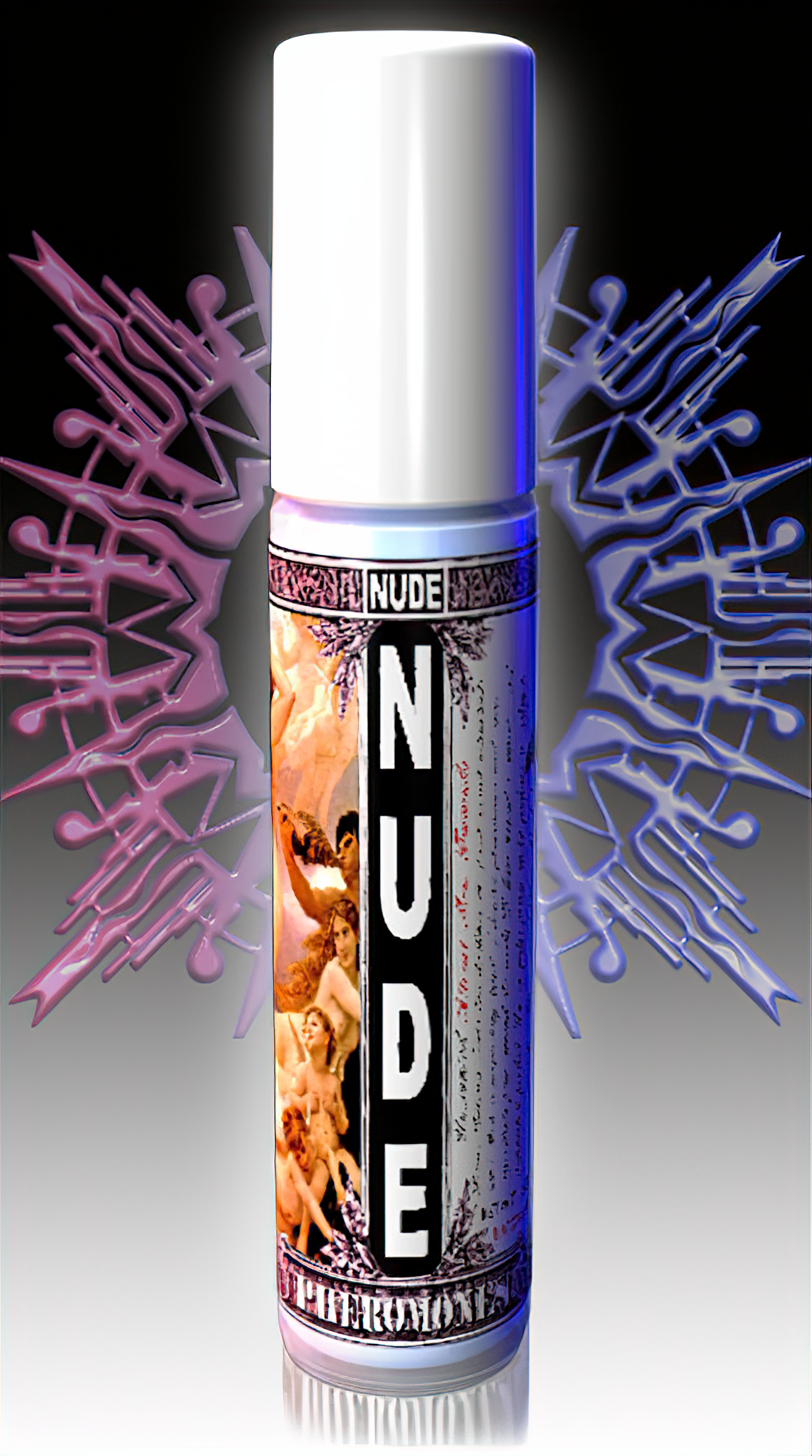 Pheromone cologne bottle 'NUDE' with a white cap and colorful abstract design.