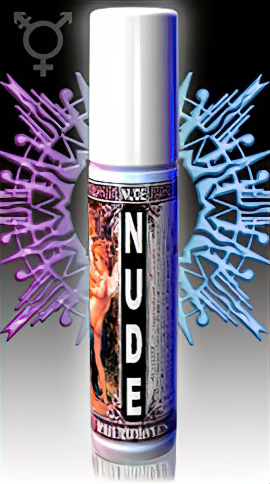 Cologne bottle labeled 'NUDE' with a white cap, abstract purple and blue background, and a transgender symbol.