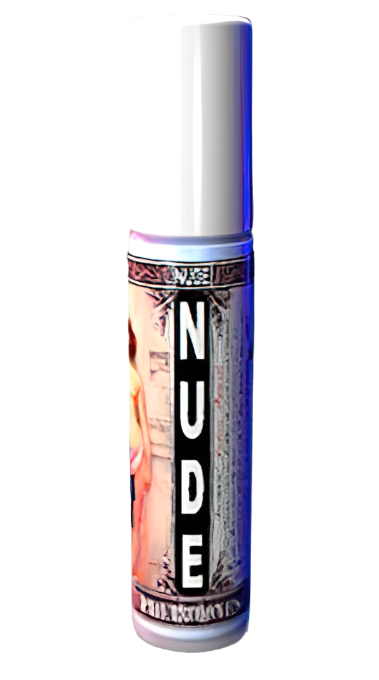 Pheromone cologne bottle with a 'NUDE' label, white cap, and vibrant abstract background.