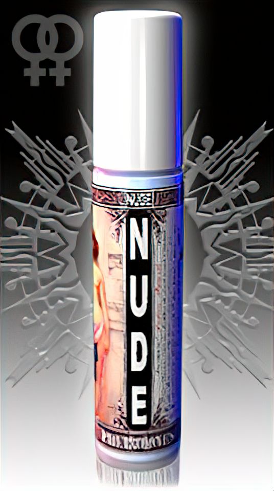 Royal Pheromone cologne bottle 'NUDE' with a white cap and colorful abstract design.