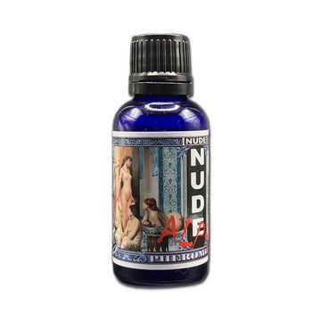 Bottle labeled 'NUDE' with artistic design on a white background