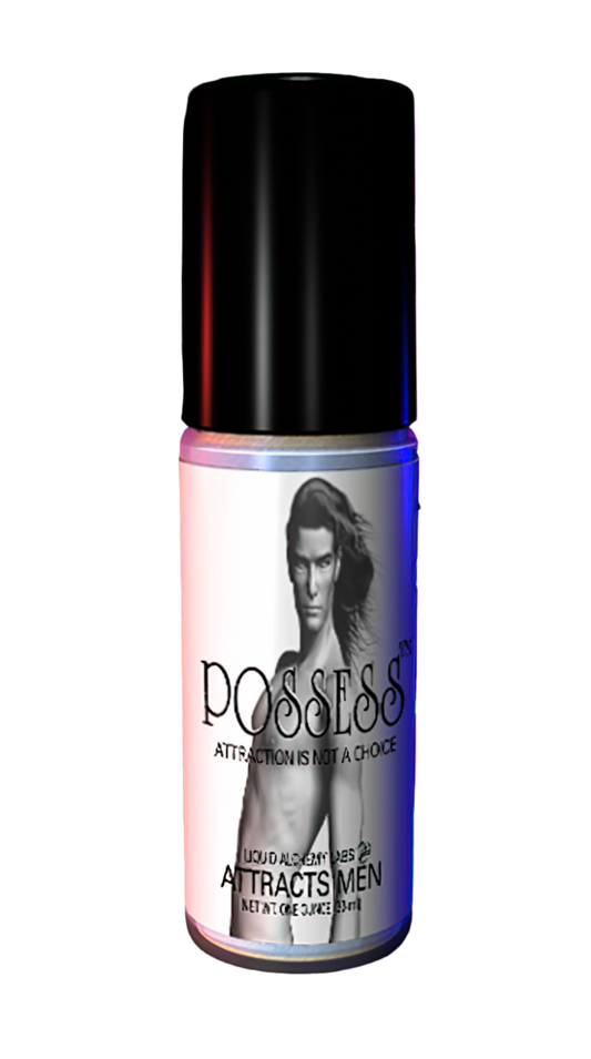 Black and white cylindrical bottle labeled 'Possess' with an illustration of a man and the text 'Attraction is not a choice' and 'Attracts Men.'