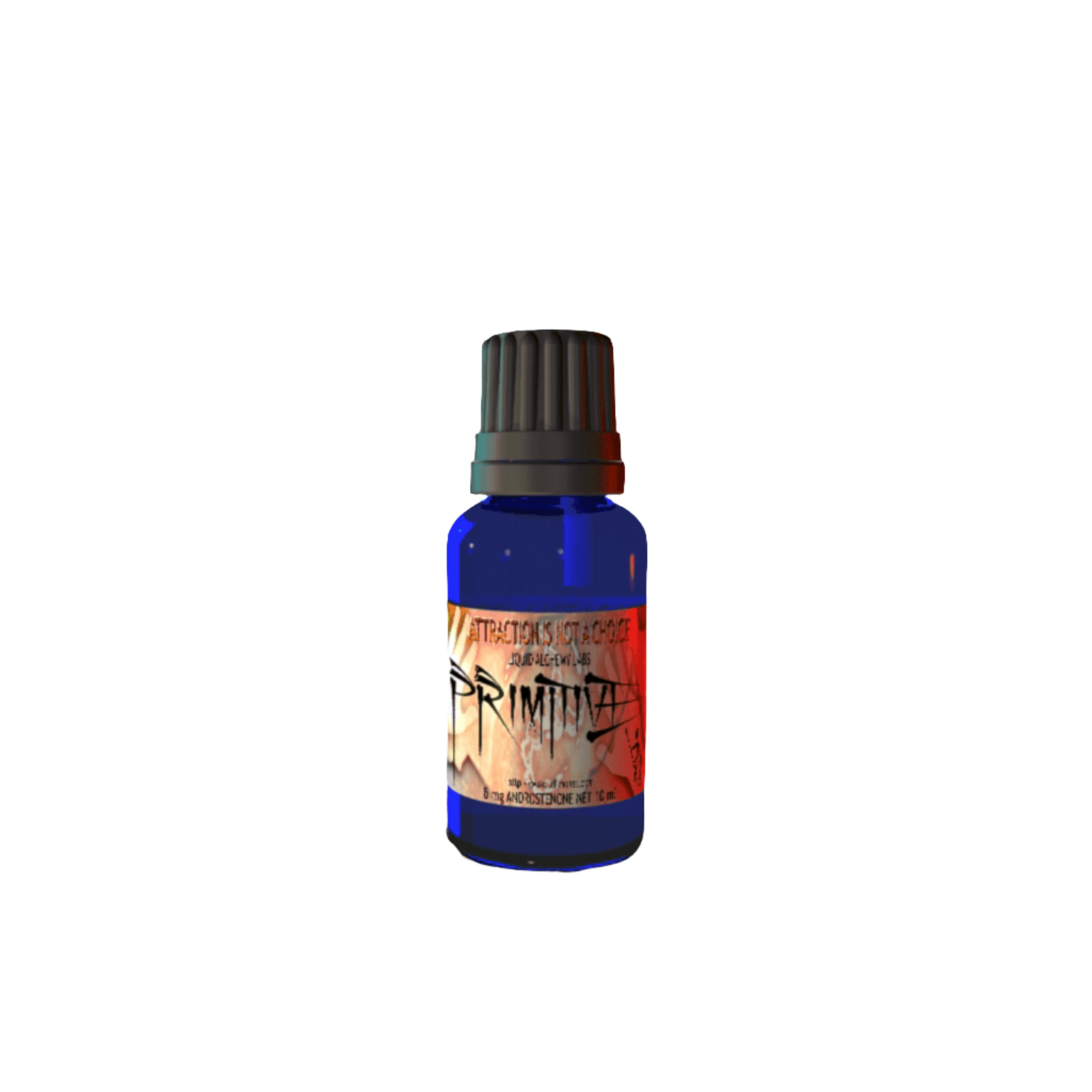 A 30ml blue bottle labeled "PRIMITIVE DIRTY" with a rugged design and "Attraction is Not a Choice" by Liquid Alchemy Labs.