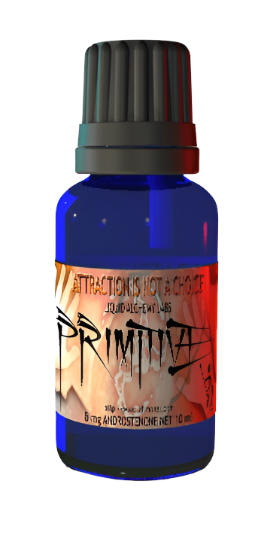 PRIMITIVE Androstenone Pheromone Oil Bottle labeled "PRIMITIVE DIRTY" in a rugged, bold font. The label also reads "Attraction is Not a Choice" and "Liquid Alchemy Labs. 