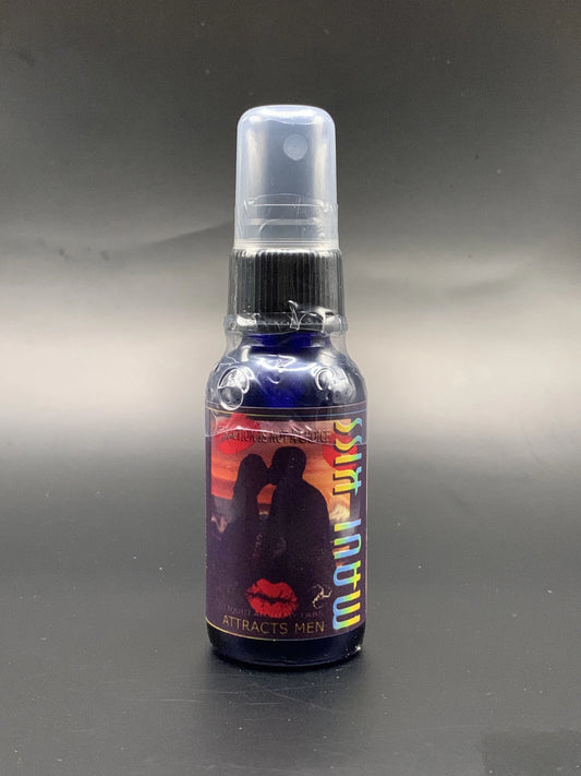 Blue bottle of pheromone perfume labeled maui kiss in 30ml