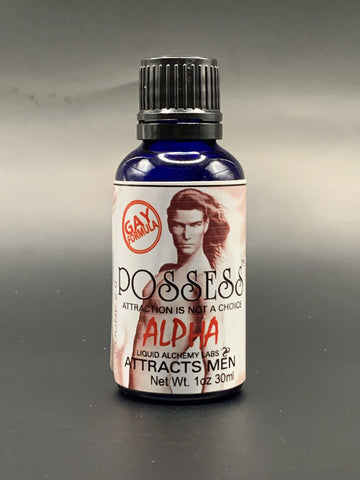 Bottle of 'Possess Alpha' liquid with a man's face on the label against a gray background