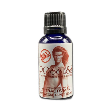 Bottle of pheromone product labeled POSSESS™ for Gay Men