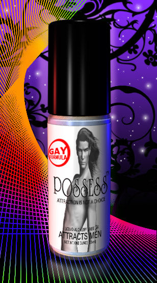 Product bottle with a black lid and a monochrome label that reads 'POSSESS' with a stylized graphic of a muscular man, on a colourful background.