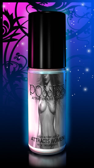 bottle of perfume oil label says posess, background is psychedelic pheromone cloud.