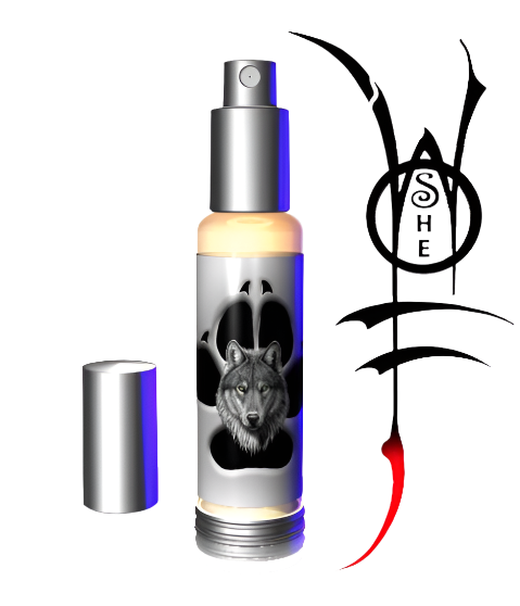 A pheromone spray bottle with its lid off, the cap placed beside it, and the word "Wolf" displayed prominently.