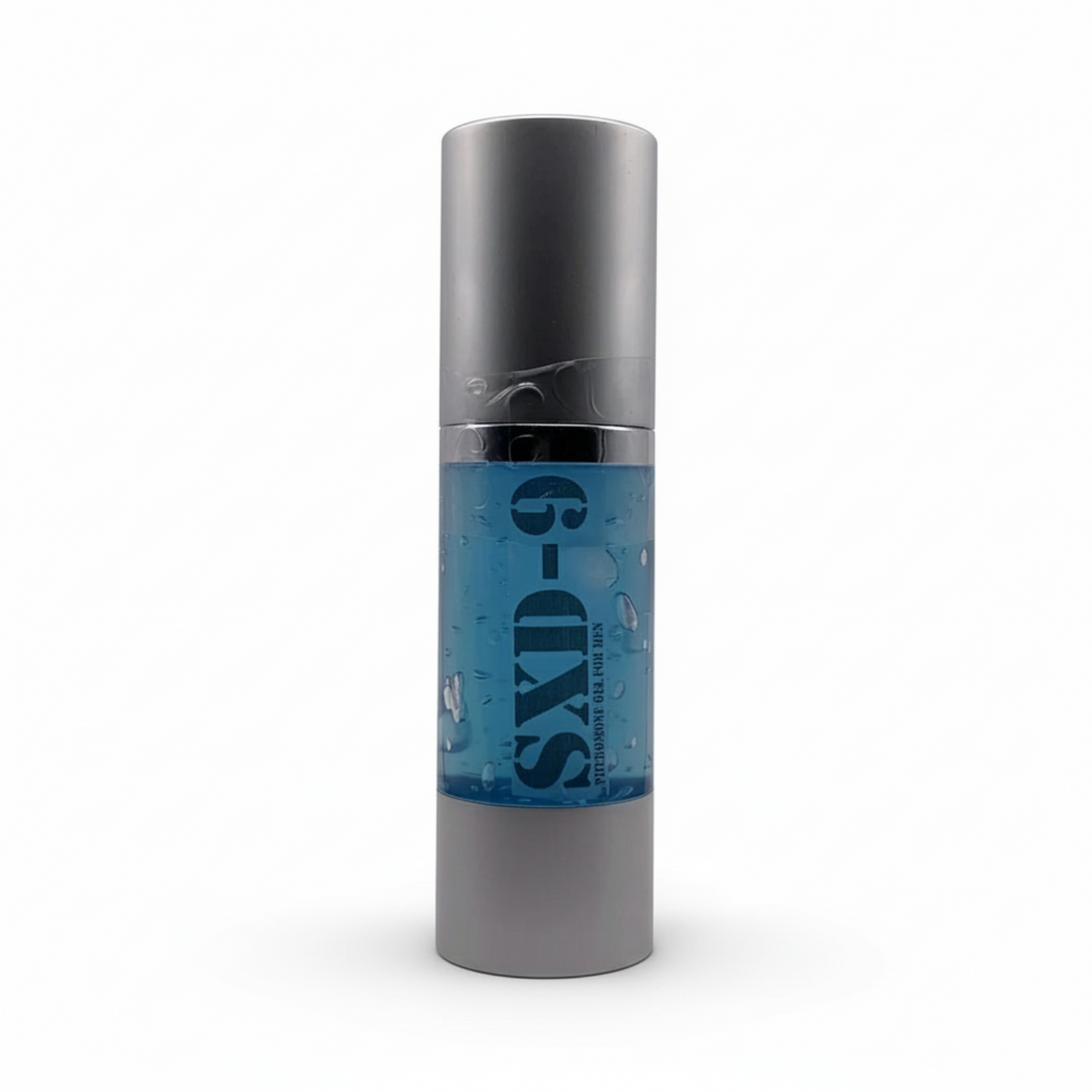 Cylindrical container with blue label and silver top on a white background