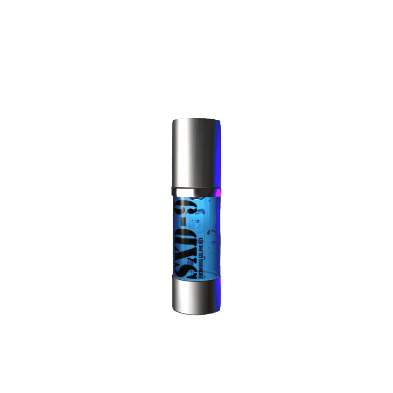 A modern, shiny 'SXD9 Pheromone' bottle of spray with an open middle that displays a blue liquid and a purple glow at the top.