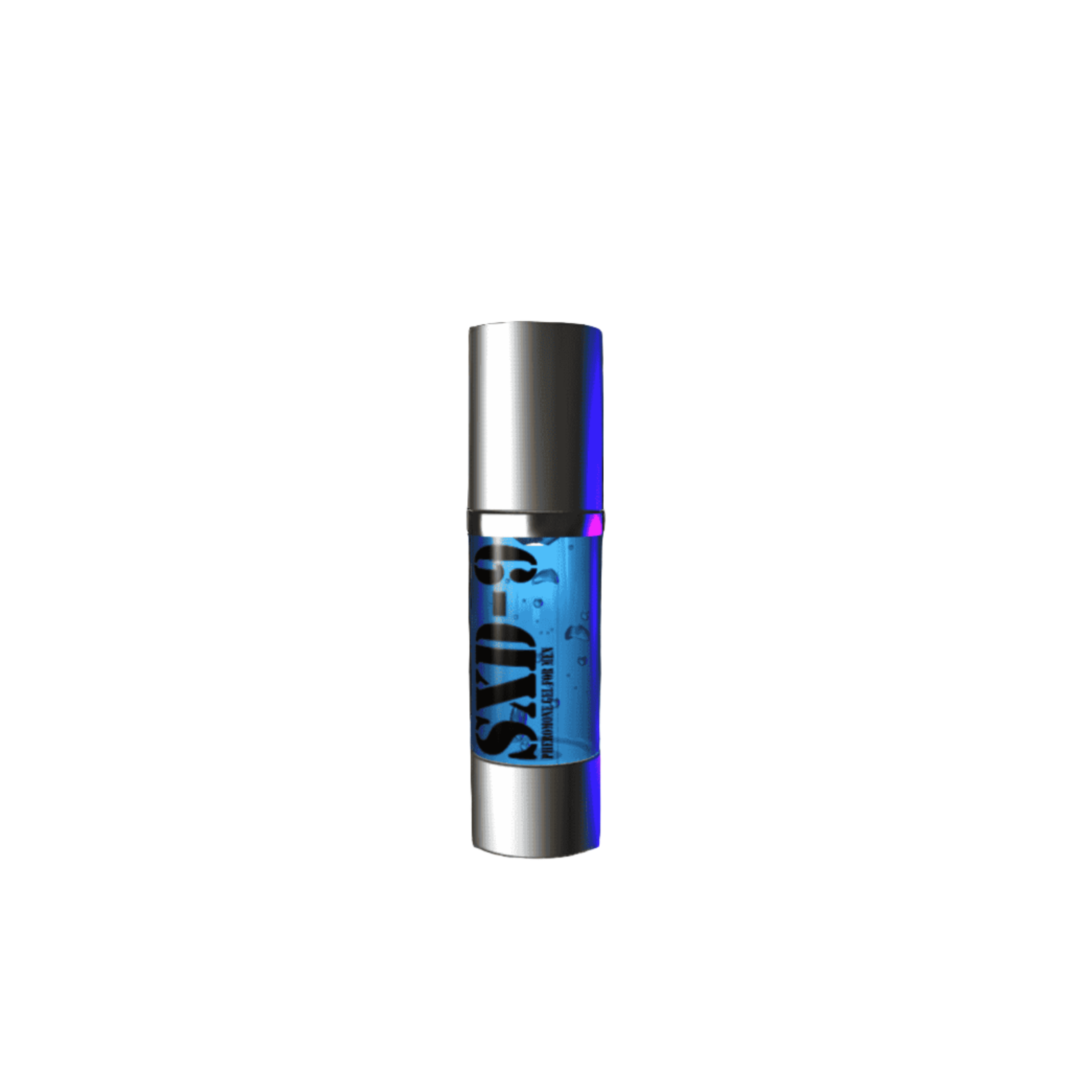 A modern, shiny 'SXD9 Pheromone' bottle of spray with an open middle that displays a blue liquid and a purple glow at the top.