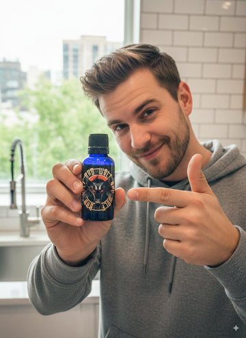Man holding bottle of bad-wolf-cologne talking to camera pointing at it.