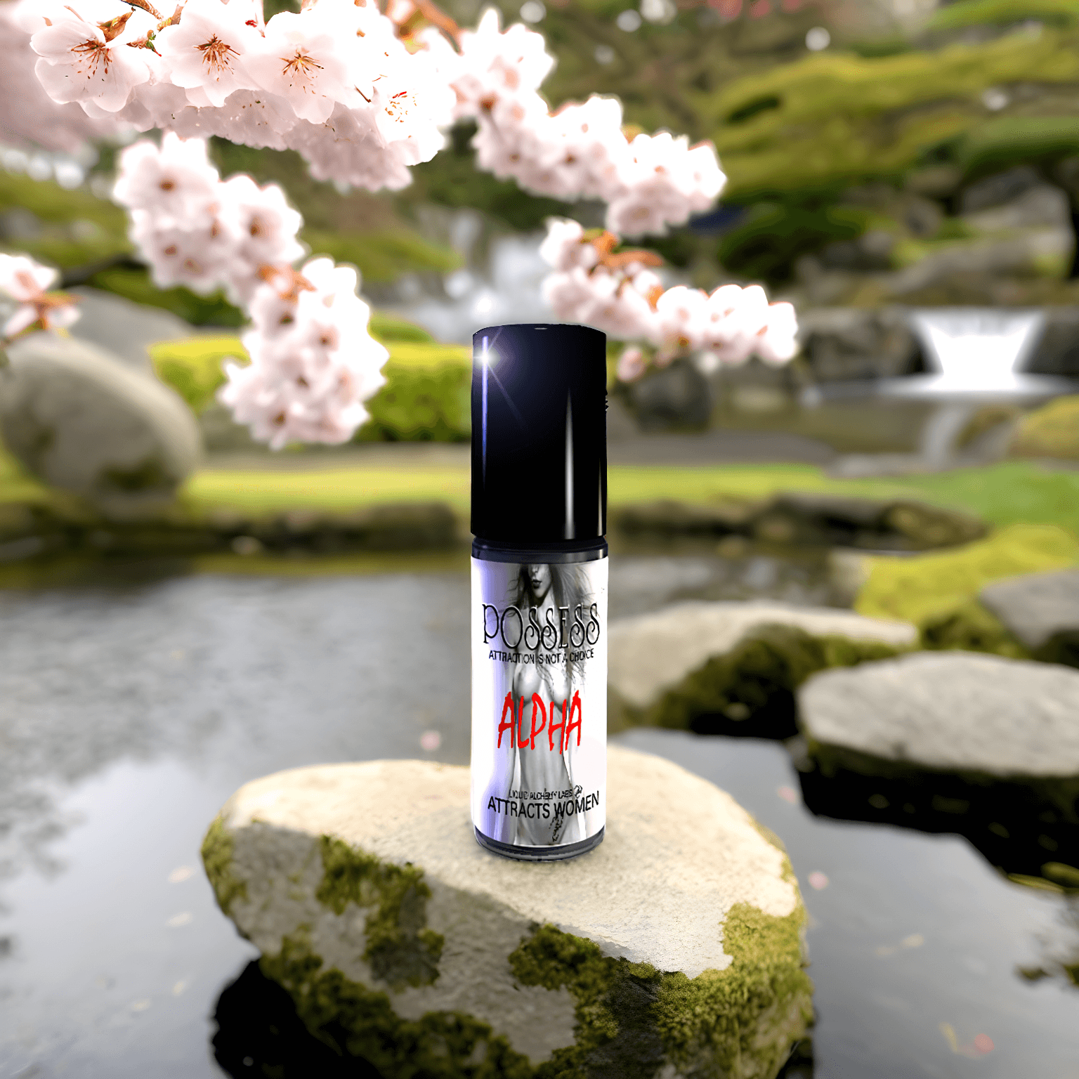 POSSESS ALPHA™ pheromone cologne for men by Royal Pheromones, attracts women, with Androstenone formula for dominance, outdoors with cherry blossoms.