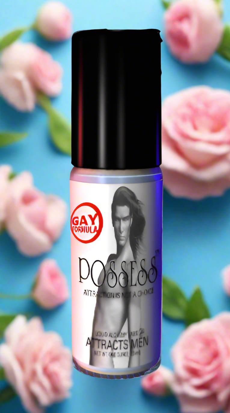 Bottle of possess pheromone oil for gay men against background with flowers