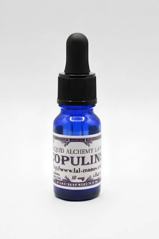 Blue dropper bottle with black cap on a white background