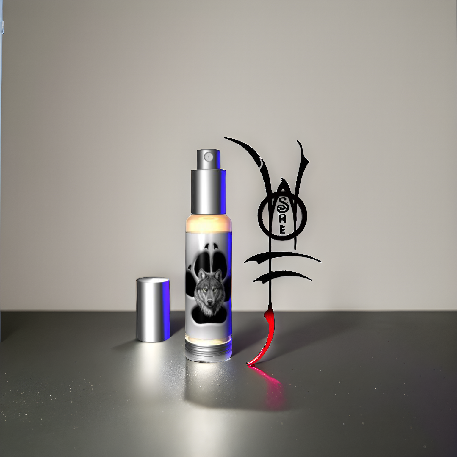 Bottle of SHE WOLF™ scented pheromone perfume for women, featuring a wolf design, by Royal Pheromones.