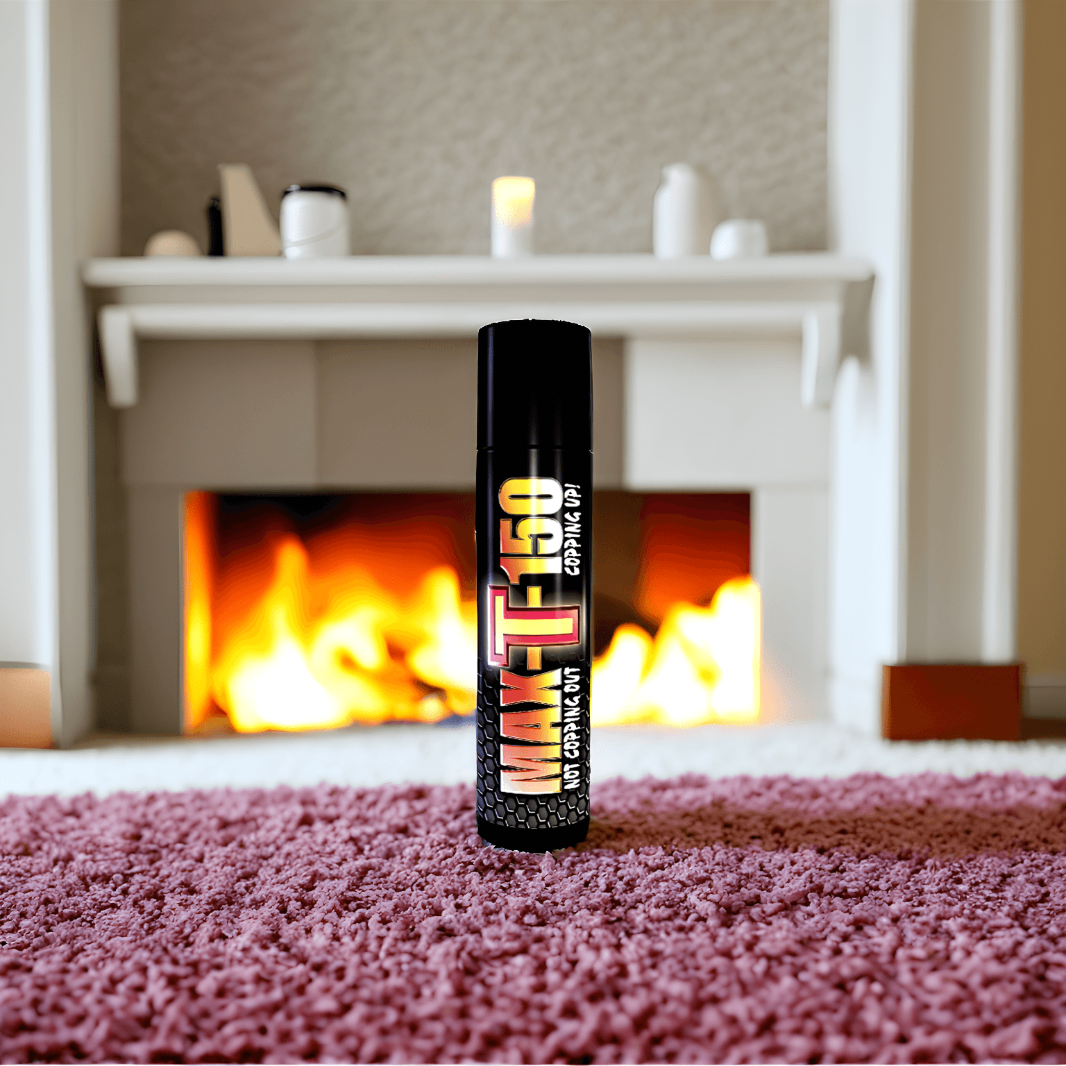 Max-T-150 Copulins Lipbalm Stick by Royal Pheromones, Pheromone Perfumes, Pheromone Oil, Pheromone Colognes, displayed on a carpet in front of a cozy fireplace.