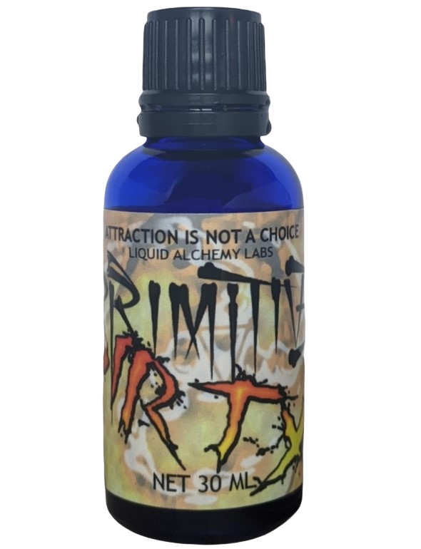  A 30ml blue bottle labeled "Primitive Dirty" with a rugged design and "Attraction is Not a Choice" by Liquid Alchemy Labs.