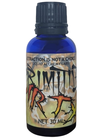  A 30ml blue bottle labeled "Primitive Dirty" with a rugged design and "Attraction is Not a Choice" by Liquid Alchemy Labs.