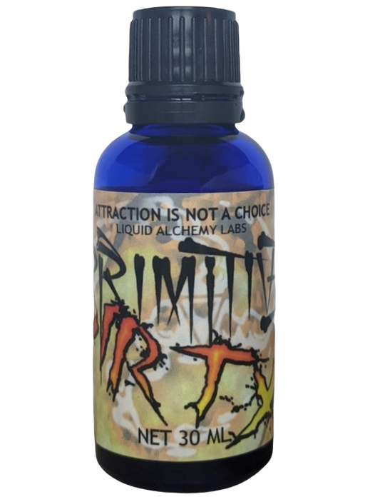  A 30ml blue bottle labeled "Primitive Dirty" with a rugged design and "Attraction is Not a Choice" by Liquid Alchemy Labs.