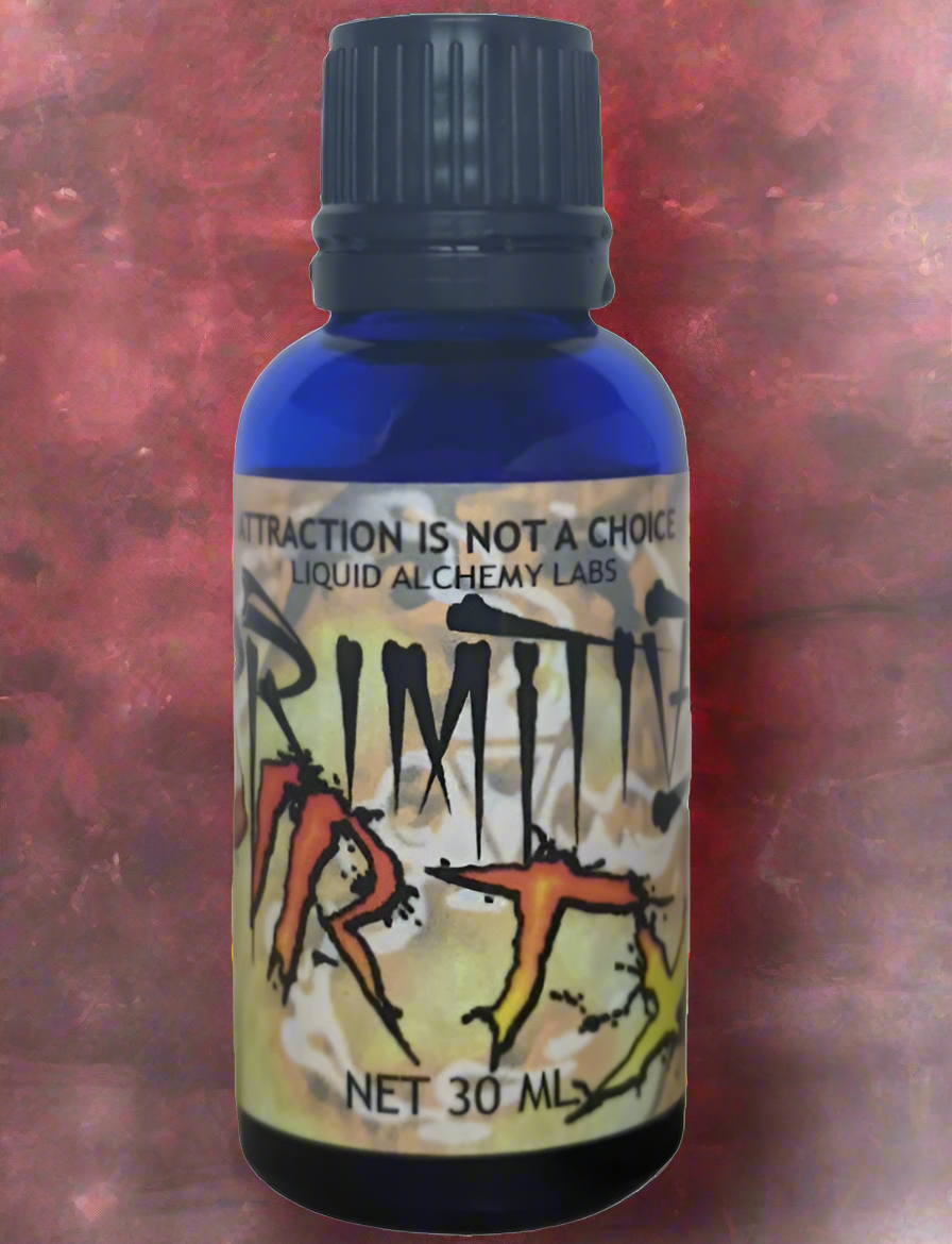 bottle of perfume oiil with label that reads dirty primitive and attraction is not a choice from liquid alchemy labs.