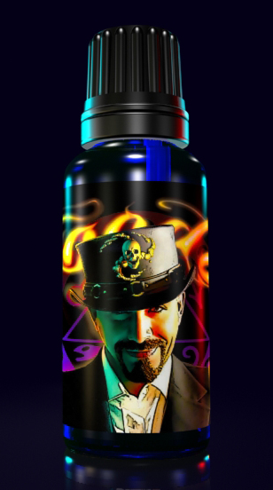 Bottle of Voodoo Pheromone Cologne with a skull-adorned top hat design on the label, from Royal Pheromones range of Pheromone Perfumes, Oils, and Colognes.
