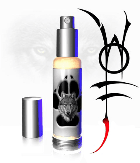 Bottle of Wolf Pheromone Cologne for Men with a wolf image and cap removed, featuring the Royal Pheromones logo on the right. Ideal for those seeking leader vibes with our premium Pheromone Perfumes, Pheromone Oil, and Pheromone Colognes.