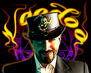 Voodoo Pheromone Cologne by Royal Pheromones with mysterious man in a top hat against a fiery background. Pheromone Perfumes, Pheromone Oil, Pheromone Colognes.
