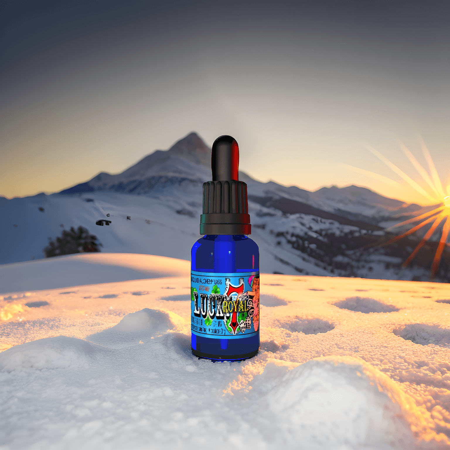 Blue bottle of LUCKY 7 ROYAL™ Pheromone Oil displayed on snowy mountain at sunrise, promoting Royal Pheromones' strength and reliability Pheromone Colognes.