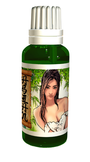 A green tinted bottle of pheromone with a artistic portrayal of an Asian woman having a seductive gaze.