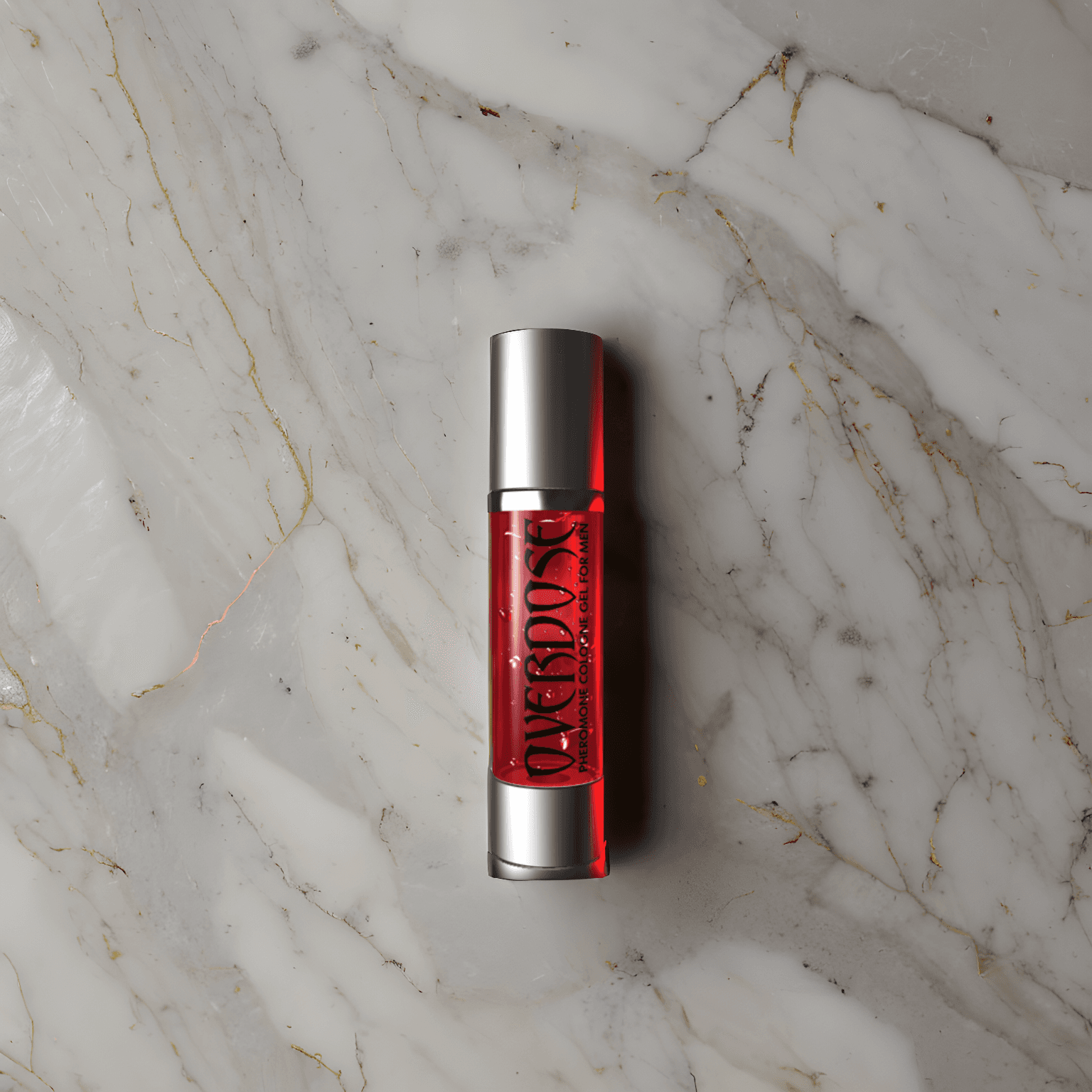 "Overdose Pheromone Gel for Men by Royal Pheromones in a sleek red and silver vacuum bottle, designed for controlled dispensing and prolonged pheromone release."