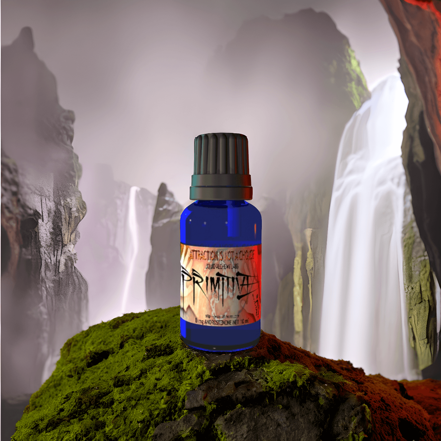 Blue bottle of PRIMITIVE™ Androstenone Pheromone Oil by Royal Pheromones on a mossy rock with a waterfall in the background; Pheromone Perfumes, Pheromone Oil, Pheromone Colognes.