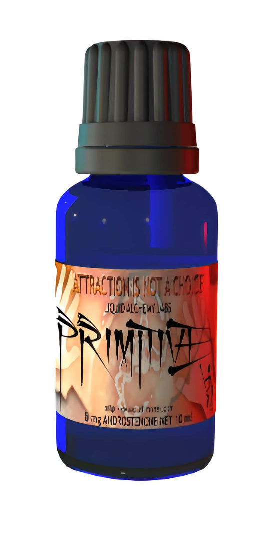 A 30ml blue glass bottle labeled "PRIMITIVE DIRTY" in a rugged, bold font. The label also reads "Attraction is Not a Choice" and "Liquid Alchemy Labs."