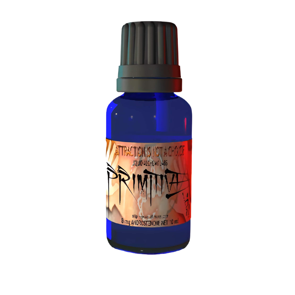 Liquid Alchemy Labs' "Attraction is Not a Choice" and the words "PRIMITIVE DIRTY" appear on a 30 ml blue bottle with an unpolished look.