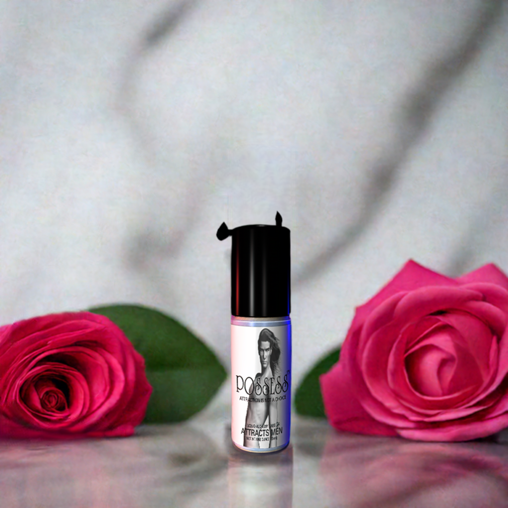 POSSESS™ Pheromones for Women to Attract Men, scented perfume bottle by Royal Pheromones, flanked by two pink roses, designed to enchant men. Pheromone Perfumes, Pheromone Oil, Pheromone Colognes.