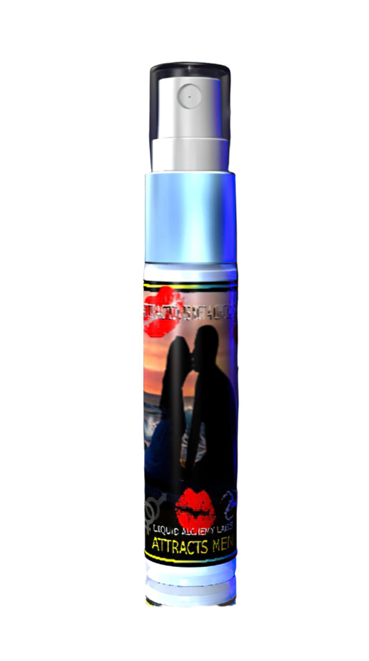 A tall spray bottle of 'Maui Kiss' perfume, featuring a romantic sunset beach scene with a couple's silhouette and the text 'Attracts Men' on the label.