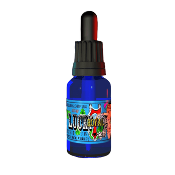 Blue glass dropper bottle labeled 'Lucky 7 Royal' with colorful artwork and black dropper cap.