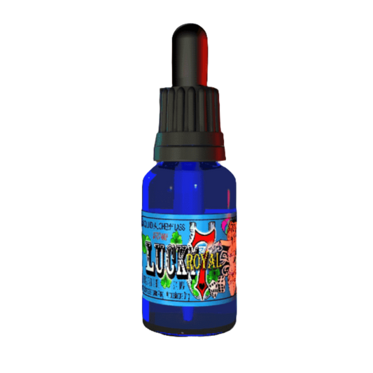 Blue glass dropper bottle labeled 'Lucky 7 Royal' with colorful artwork and black dropper cap.