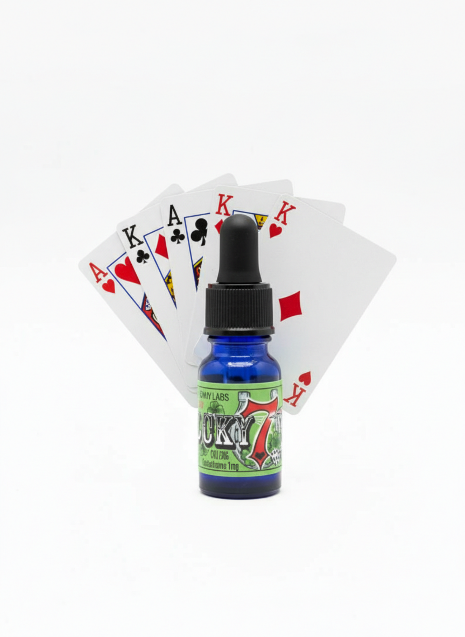 lucky 7 pheromone cologne bottle with a pair of aces behind the bottle and a triple of kings. playing cards. 