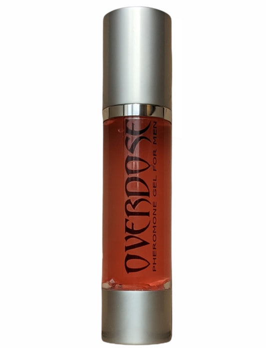 A sleek, metallic spray bottle of 'Overdose' gel with a transparent center showcasing a orange liquid.