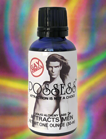 Perfume bottle with a black cap and a white label displaying an image of an adult male and the brand name 'POSSESS,' highlighting a label of Gay Formula.