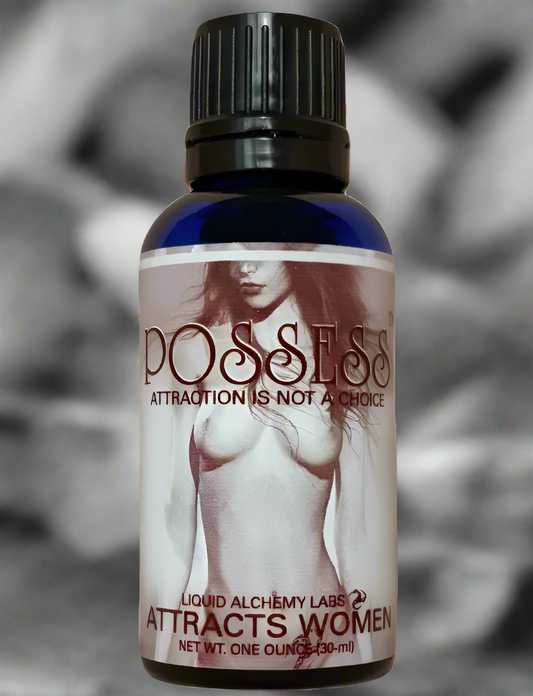 Bottle with a black top and a white label featuring a portrait of a woman and bold 'POSSESS' branding, promoting a pheromone-based attraction product.